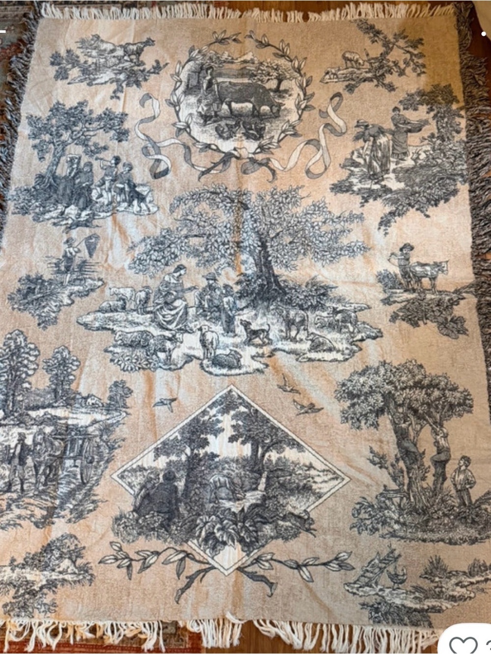 Fringed Toile Pastoral Throw Blanket, Beige/Black, Rectangular 50 × 60 in